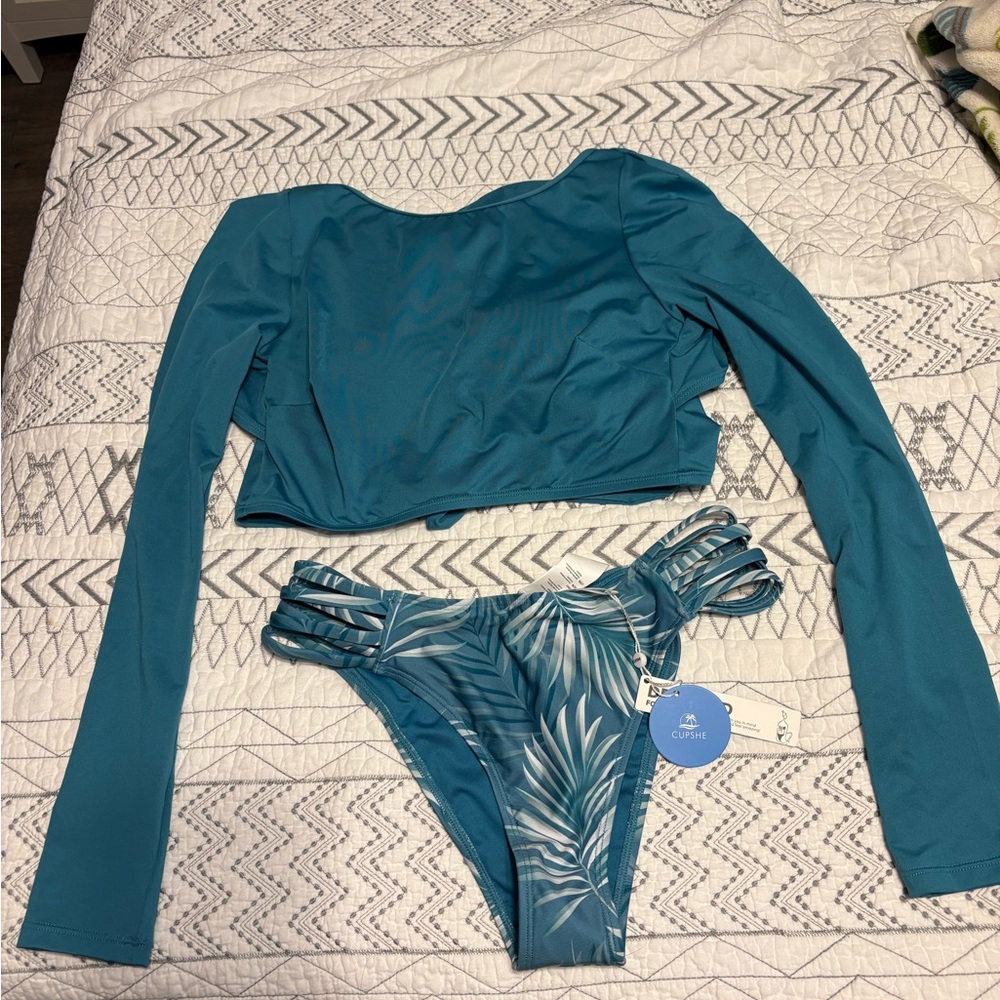 Cupshe Teal Long Sleeve Bikini Set